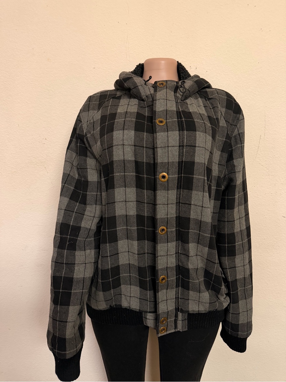 Topman Gray & Black Plaid Hooded Puffer Jacket